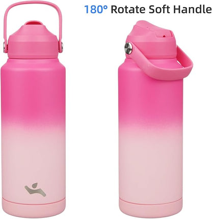 Insulated Water Bottle with Straw Lid,32 oz Stainless Steel Vacuum Metal Bottle with Silicone Handle,Cherry Blossom