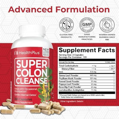 Health Plus Super Colon Cleanse 60 Day Supply of Gentle Gut Cleanse Detox, Psyllium Husk, Probiotics for Constipation Relief & Digestive Support, 240 Capsules