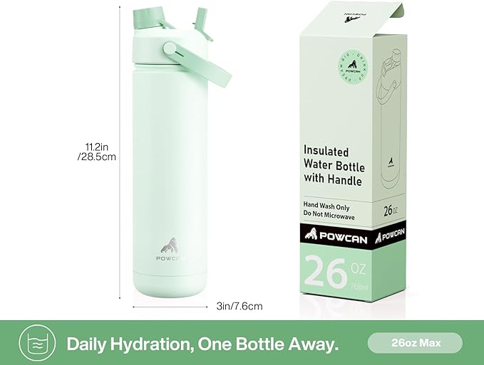 26 oz Insulated Water Bottle with 2-in-1 Straw and Spout Lid, Keep Cold 24H, Leak-Proof, Fits in Car Cup Holder, Stainless Steel Water Bottle for Sports, Travel, and School (Mint)