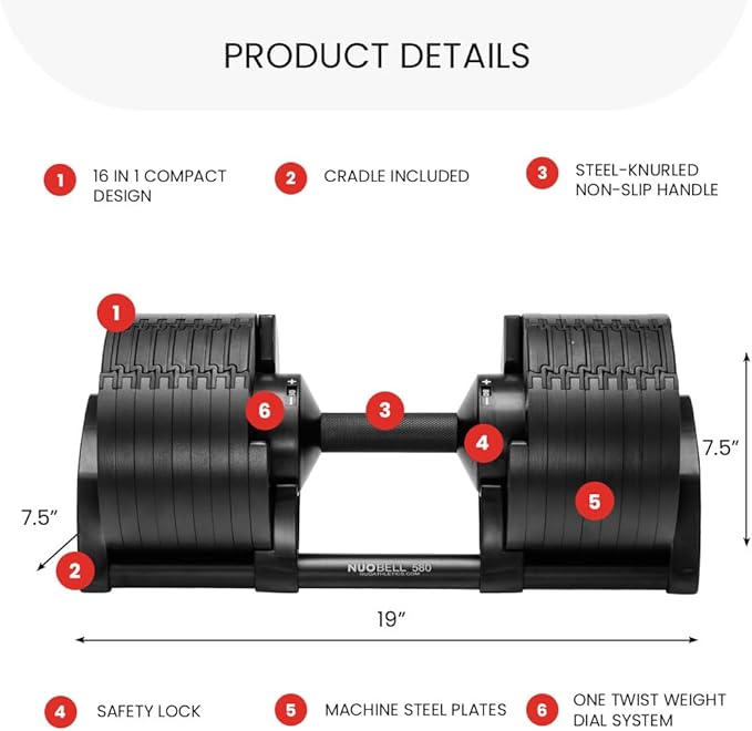 NUOBELL Adjustable Dumbbells 5-80 lbs: Replace 16 Sets, Ideal for Home Gym Weight Bench & Press