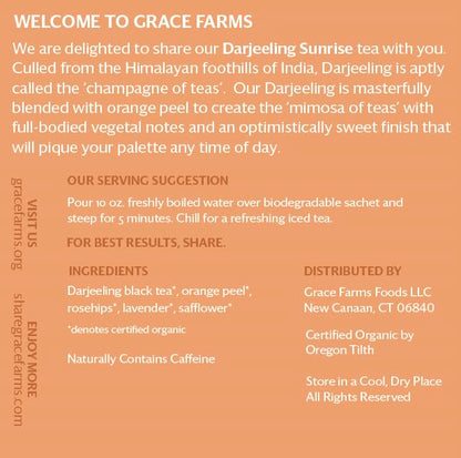 Grace Farms Organic Darjeeling Sunrise Black Tea, 16 Pyramid Sachets | Darjeeling & Orange | Fairtrade & Kosher |Gives Back 100% of Profits