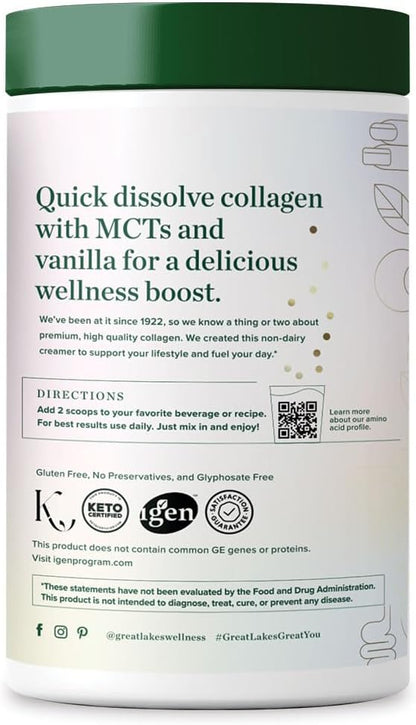 Great Lakes Wellness Keto Boost Advanced Collagen Peptides Powder with 4.2g MCTs - Vanilla Flavored - Nutritiously-Rich Non-Dairy Coffee Creamer or Smoothie Alt - Non-GMO, Kosher - 14.1 oz