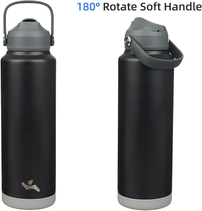 Insulated Water Bottle with Straw Lid,40 oz Stainless Steel Vacuum Metal Bottle with Silicone Handle,Black