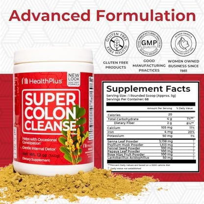 Health Plus Super Colon Cleanse, 12 oz Powder, 68 Servings - Natural Detox, Digestive Constipation Relief, Gentle Gut Cleanse with Psyllium Husk & Senna Leaf