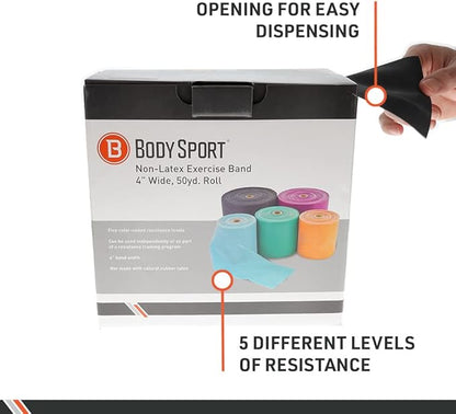 Body Sport Exercise Band, 50 yd. x 4 in. Roll, Special Heavy Resistance - Home & Gym Fitness Equipment for Stretching, Strength Training & Physical Therapy (Black)