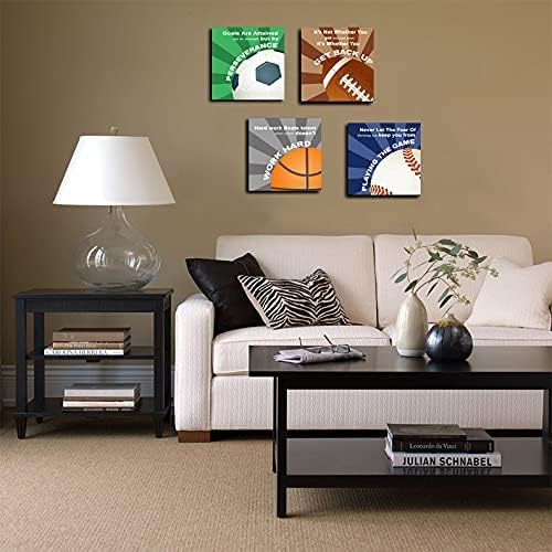 KaiLeFu-Colorful Sports Inspirational Quotes Framed Canvas Wall Art -Motivational Basketball Baseball Soccer Football Quotes Sport Art Wall Decor for Kids Boys Room Classroom -12"x12"x4pcs