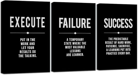 Framed Canvas Wall Art Success Quote, Office Wall Art, Black Large Poster, Positive Motivational Set of 3 Prints, Execute Failure Definition, Inspirational Print (A-3pcs,16x24inchx3pcs)