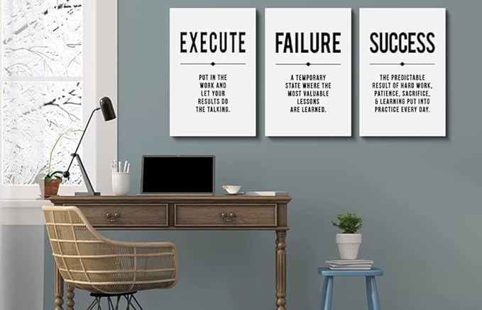 Framed Canvas Wall Art Success Quote, Office Wall Art, Black Large Poster, Positive Motivational Set of 3 Prints, Execute Failure Success Poster, Inspirational Print (D-3pcs,16x24inchx3pcs)