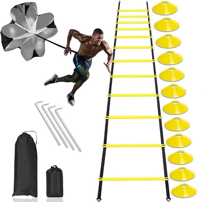 Football Training Equipment | Speed Agility Training Set, Including 1 Agility Ladder, 4 Steel Piles,12 Disc Cones,1 Resistance Umbrella .| for Athletes/Sports Including Football & Basketball