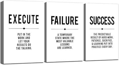 Framed Canvas Wall Art Success Quote, Office Wall Art, Black Large Poster, Positive Motivational Set of 3 Prints, Execute Failure Definition, Inspirational Print (D-3pcs,20x30inchx3pcs)