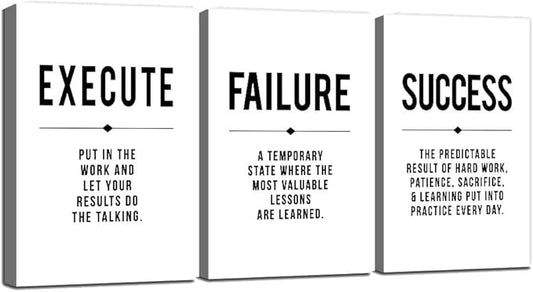 Framed Canvas Wall Art Success Quote, Office Wall Art, Black Large Poster, Positive Motivational Set of 3 Prints, Execute Failure Definition, Inspirational Print (D-3pcs,20x30inchx3pcs)