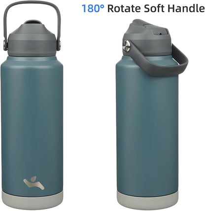 Insulated Water Bottle with Straw Lid,32 oz Stainless Steel Vacuum Metal Bottle with Silicone Handle,Dark Gray