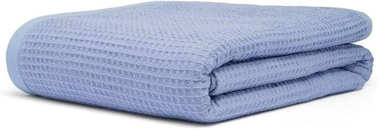 GOTS Certified Organic Cotton Waffle Weave Blanket, Queen Bed Size, 90"X90"Cozy Throw Blanket for Couch, Modern Home Decor, Throw Blankets, Waffle Blanket, Soft Bed Blankets - Powder Blue