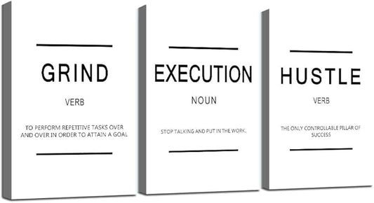 Inspirational Framed Canvas Wall Art - Grind Slogan, Success Quotes, Office Wall Art, Large Poster, Positive Motivational, Execute Poster (C-3pcs, 12x16in x3pcs)