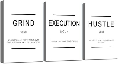 Framed Canvas Wall Art Success Quote, Office Wall Art, White Large Poster, Positive Motivational Set of 3 Prints, Grind Execution Hustle Poster, Inspirational Print