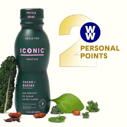ICONIC Protein Shake, Cacao + Greens (12 Pack) – 20g Grass-Fed Protein Drink – Low Carb, Sugar Free, Keto Friendly – Lactose Free, High Protein Snack or Meal Replacement Shake