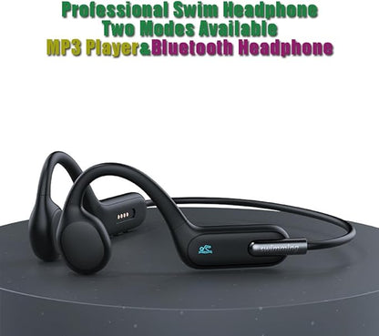 IHAO Swimming Headphones True Bone Conduction Open Ear Headset MP3 Player Built-in 32G Memory IP68 Underwater Waterproof Stereo Bluetooth Earphone for Driving Bicycling Running Skiing-X6 Black