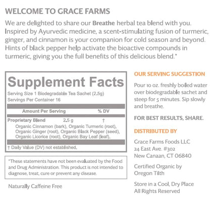 Grace Farms BREATHE Wellness Organic Tea Blend (100 Enveloped Pyramid Sachets w/ String & Tag) | Turmeric and Ginger with Adaptogenic Herbs | Immunity Support | Caffeine Free | Gives Back 100% of Profits