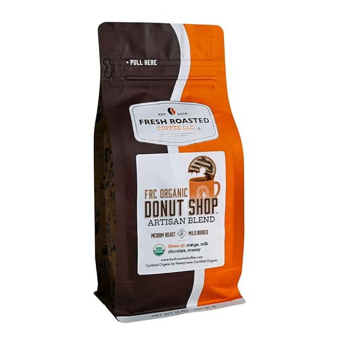 Fresh Roasted Coffee, Organic Donut Shop | USDA Organic, Kosher | Medium Roast 12 oz Whole Bean