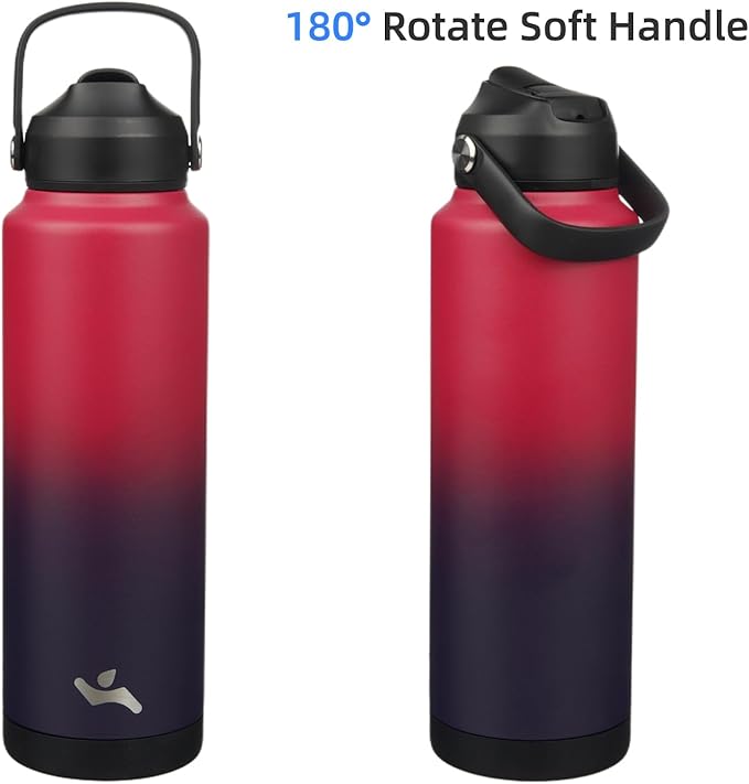 Insulated Water Bottle with Straw Lid,40 oz Stainless Steel Vacuum Metal Bottle with Silicone Handle,Rosy Red