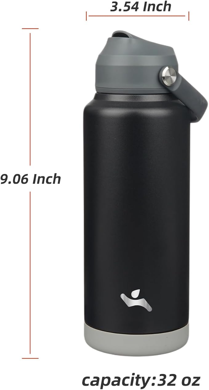 Insulated Water Bottle with Straw Lid,32 oz Stainless Steel Vacuum Metal Bottle with Silicone Handle,Black