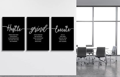 Hustle Grand Slogan Poster,Gift for Boss, Present for Father, Framed Canvas Wall Art Success Quote, Office Wall Art, Black Large Poster, Inspirational Print (F-3pcs,16x24inchx3pcs)