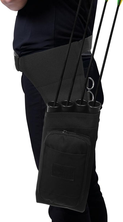 4 Tubes Hip Quiver, Nylon Fabric Waist Arrow Quiver with Pockets and Adjustable Strap for Archery Shooter, Outdoor Arrow Storage
