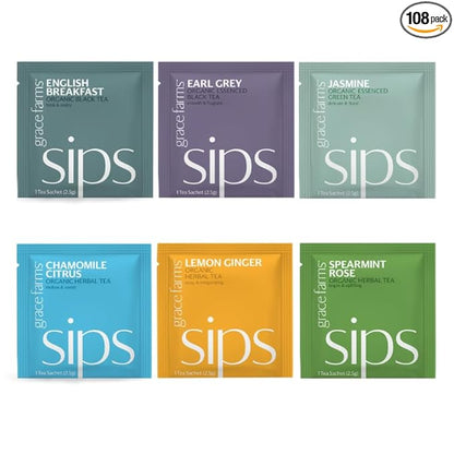 Grace Farms Tea Variety 108 Count Envelopes | Black, Green, and Herbal Individually Wrapped Tea Bags (6 flavors × 18 each) | Fair Trade, USDA Organic, Kosher Tea Variety Pack