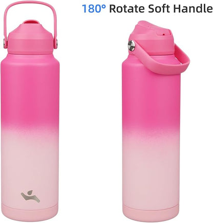 Insulated Water Bottle with Straw Lid,40 oz Stainless Steel Vacuum Metal Bottle with Silicone Handle,Cherry Blossom