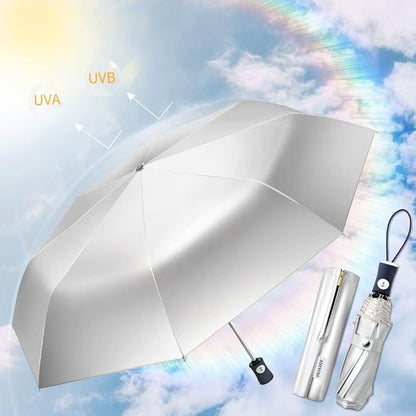 FDJASGY Silver Coating Layer Fabric Blocking UV 99.9% Sun Umbrella Compact Folding Travel Umbrella Automatic Folding Windproof Umbrellas For Men and Women (Beige)