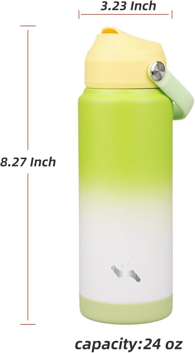 Insulated Water Bottle with Straw Lid,24 oz Stainless Steel Vacuum Metal Bottle with Silicone Handle,GreenWhite