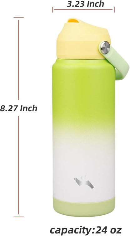 Insulated Water Bottle with Straw Lid,24 oz Stainless Steel Vacuum Metal Bottle with Silicone Handle,GreenWhite