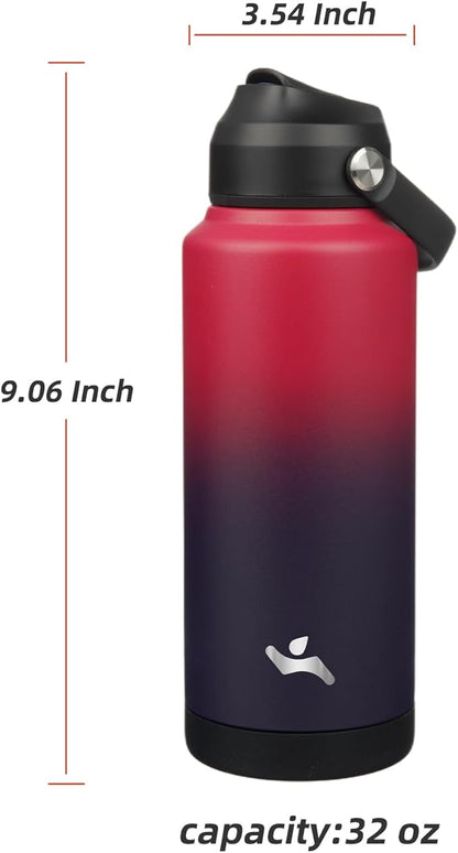 Insulated Water Bottle with Straw Lid,32 oz Stainless Steel Vacuum Metal Bottle with Silicone Handle,Rosy Red