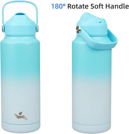 Insulated Water Bottle with Straw Lid,32 oz Stainless Steel Vacuum Metal Bottle with Silicone Handle,Sea Salt