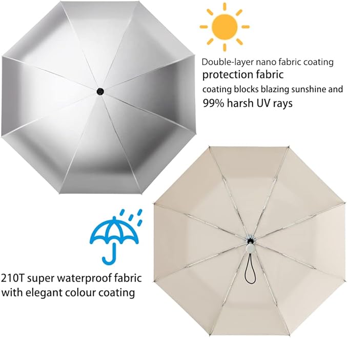 FDJASGY Silver Coating Layer Fabric Blocking UV 99.9% Sun Umbrella Compact Folding Travel Umbrella Automatic Folding Windproof Umbrellas For Men and Women (Beige)