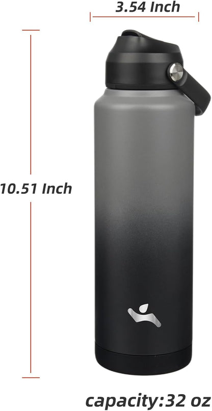 Insulated Water Bottle with Straw Lid,40 oz Stainless Steel Vacuum Metal Bottle with Silicone Handle,Gray Black