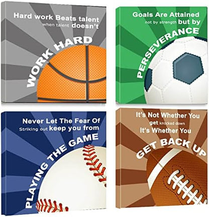 KaiLeFu-Colorful Sports Inspirational Quotes Framed Canvas Wall Art -Motivational Basketball Baseball Soccer Football Quotes Sport Art Wall Decor for Kids Boys Room Classroom -12"x12"x4pcs
