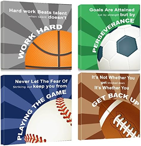 KaiLeFu-Colorful Sports Inspirational Quotes Framed Canvas Wall Art -Motivational Basketball Baseball Soccer Football Quotes Sport Art Wall Decor for Kids Boys Room Classroom -12"x12"x4pcs