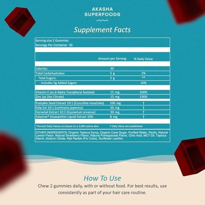 Grow Hair & Beauty Gummies, Supplement with Zinc, Vitamin E, Astaxanthin, Kelp, & Pumpkin Seed, Plant Based Gummies for Women & Men, Gluten Free, Vegan, American Made, 60 Count