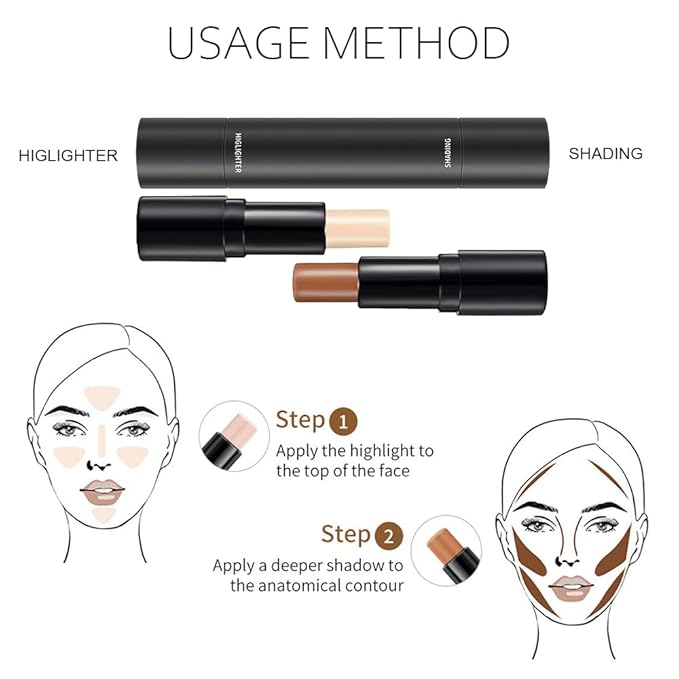 2 Colors Cream Contour Sticks Makeup Kit, Primer Face Highlighter Contouring for Beginners, Highlight and Contour Kit, Cream Concealer Makeup Blur Stick, Primer Face Corrector 3#