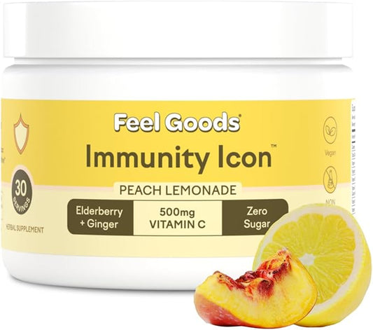 Feel Goods Immunity Icon, Zero Sugar, Vitamin C, A, B, D, E & Zinc, Organic Elderberry, Ashwagandha, Drink Mix Powder, Vegan, Non GMO, Caffeine & Gluten Free | Peach Lemonade, 30 Servings