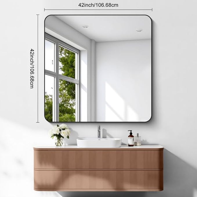 FORBATH Bathroom Mirror 42x42 Inch, Large Square Vanity Mirror with Black Aluminum Frame Rounded Corner, Wall Mounted Mirror for Bathroom Bedroom Entryway Living Room Home Decoration