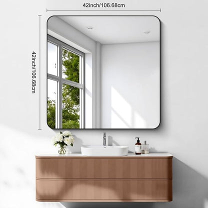 FORBATH Bathroom Mirror 42x42 Inch, Large Square Vanity Mirror with Black Aluminum Frame Rounded Corner, Wall Mounted Mirror for Bathroom Bedroom Entryway Living Room Home Decoration