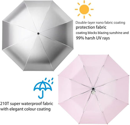 FDJASGY Silver Coating Layer Fabric Blocking UV 99.9% Sun Umbrella Compact Folding Travel Umbrella Automatic Windproof Umbrellas For Men and Women (Pink)