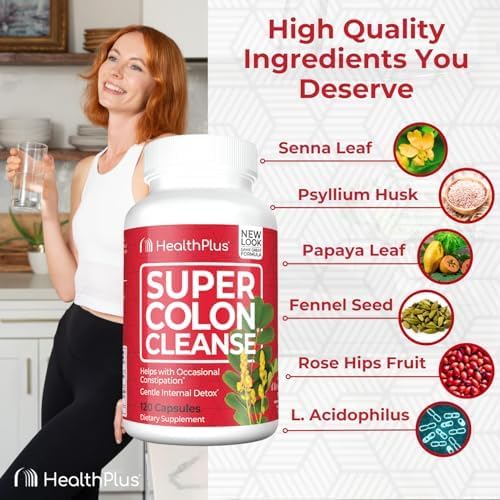 Health Plus Super Colon Cleanse 30 Day Supply of Gentle Gut Cleanse Detox, Psyllium Husk, Probiotics for Constipation Relief & Digestive Support, 120 Capsules