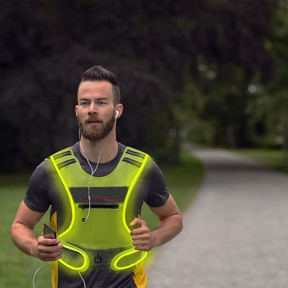 LED Reflective Vest Running Gear with Pouch, USB Charging & Ultralight Reflective Safety Vest | Large Pocket & Adjustable Waist for Night Running Cycling - 3 LED Glowing Modes Reflector Strips