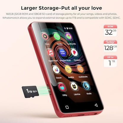 innioasis 160GB MP3 Player with Bluetooth and WiFi, Android Music Player with Spotify,Amazon Music,Pandora,4" Full Touch Screen MP3 Player with Audible,Libby,Audiobooks (Black_Red)