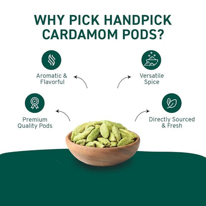 HANDPICK Green Cardamom Pods (57g / 2oz) Large size Green Elaichi | Pure, Non-GMO, Gluten Free | 100% Raw from India | Resealable Zip Lock Pouch