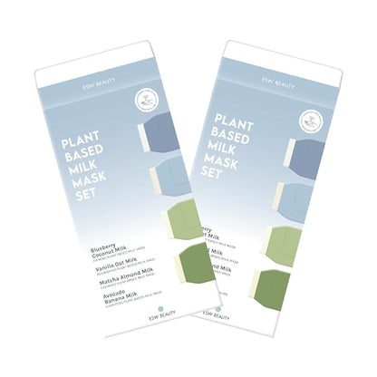 ESW Beauty Plant-Based Milk Face Masks - 8-Pack Variety Set - Hydrating, Radiance, Firming & Soothing with Avocado, Matcha, Blueberry, Vanilla & Oat Extracts for All Skin Types