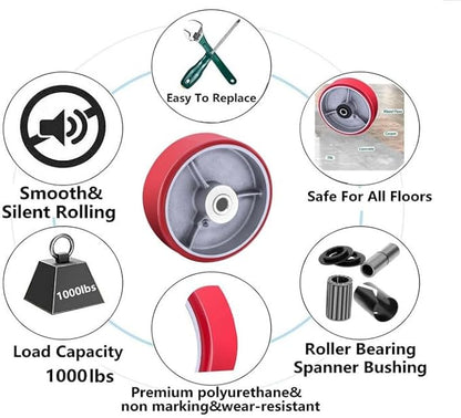 Heavy Duty Casters Wheels 4"5"6"8"DiameterX2"Width Industrial Caster Wheels Polyurethane Wheel with Capacity 800-1,500 lbs/pcs Used in,Trail Jack,Tool Box